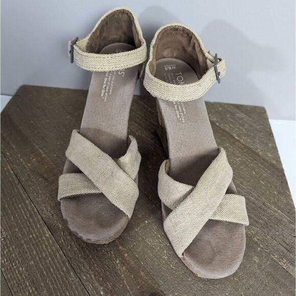 Tom's Sierra espadrille cork wedge cross strap sandal heel 6.5 - Picture 4 of 8